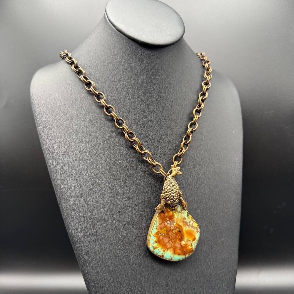 🐟 1993 Stephen Dweck Bronze Fish Pendant Necklace | 32" Chain 3" Natural Stone